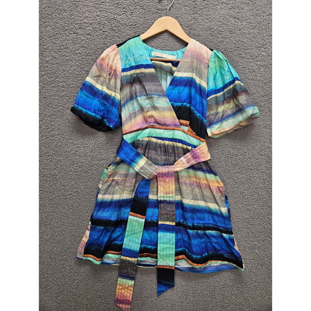 Marie Oliver Mini Dress 2 Multi Striped Silk Blend Puff Sleeve Faux Wrap Boho